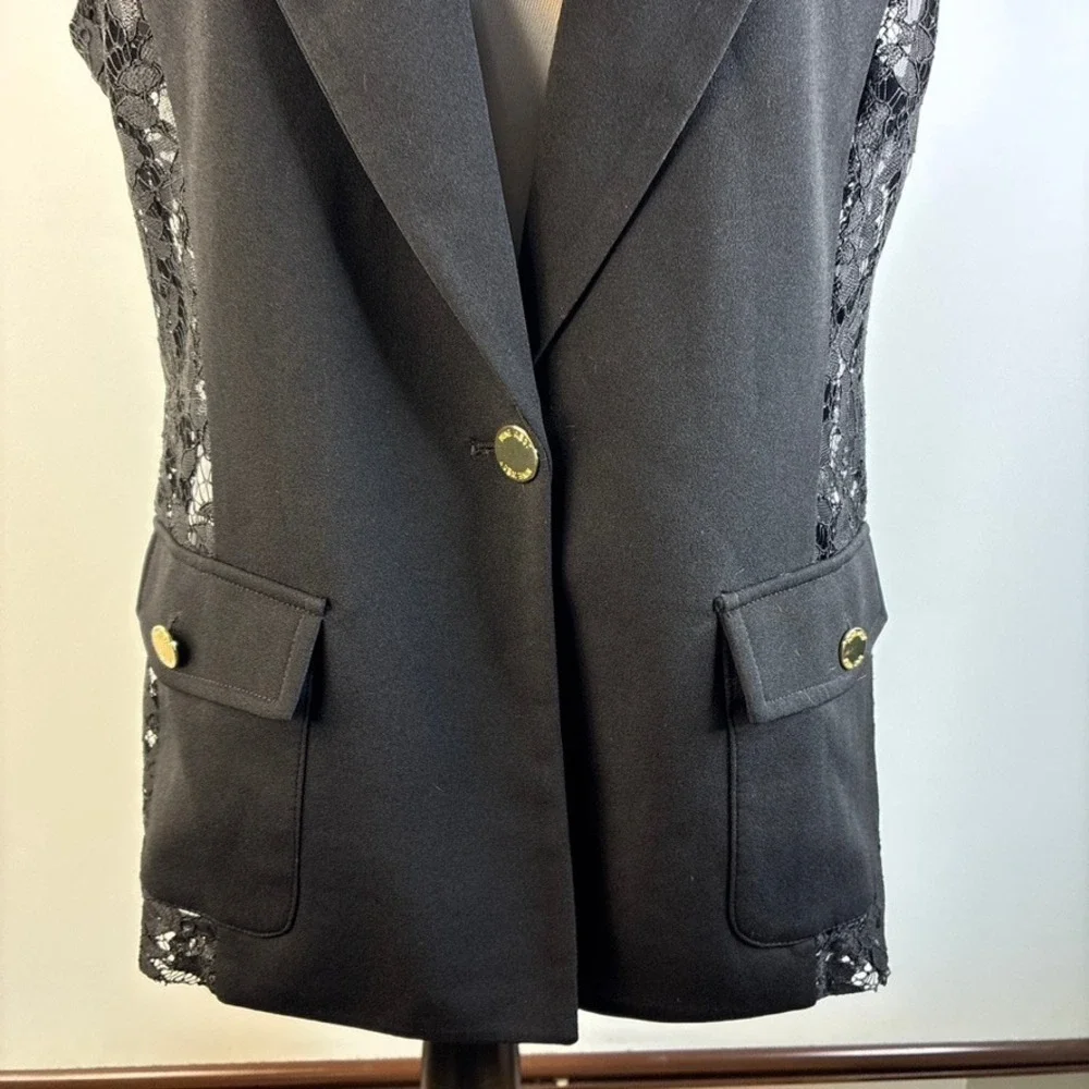 Nine West Womens Black Lace Back Sleeveless Blazer Vest Gold Button Size Large - Picture 11 of 16